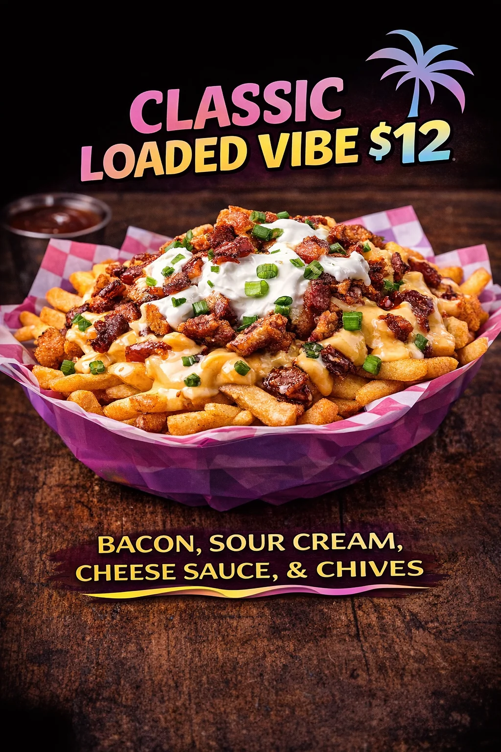 A bowl of fries loaded with cheese sauce, crumbled bacon, a dollop of sour cream, and green onions, presented in a colorful basket.