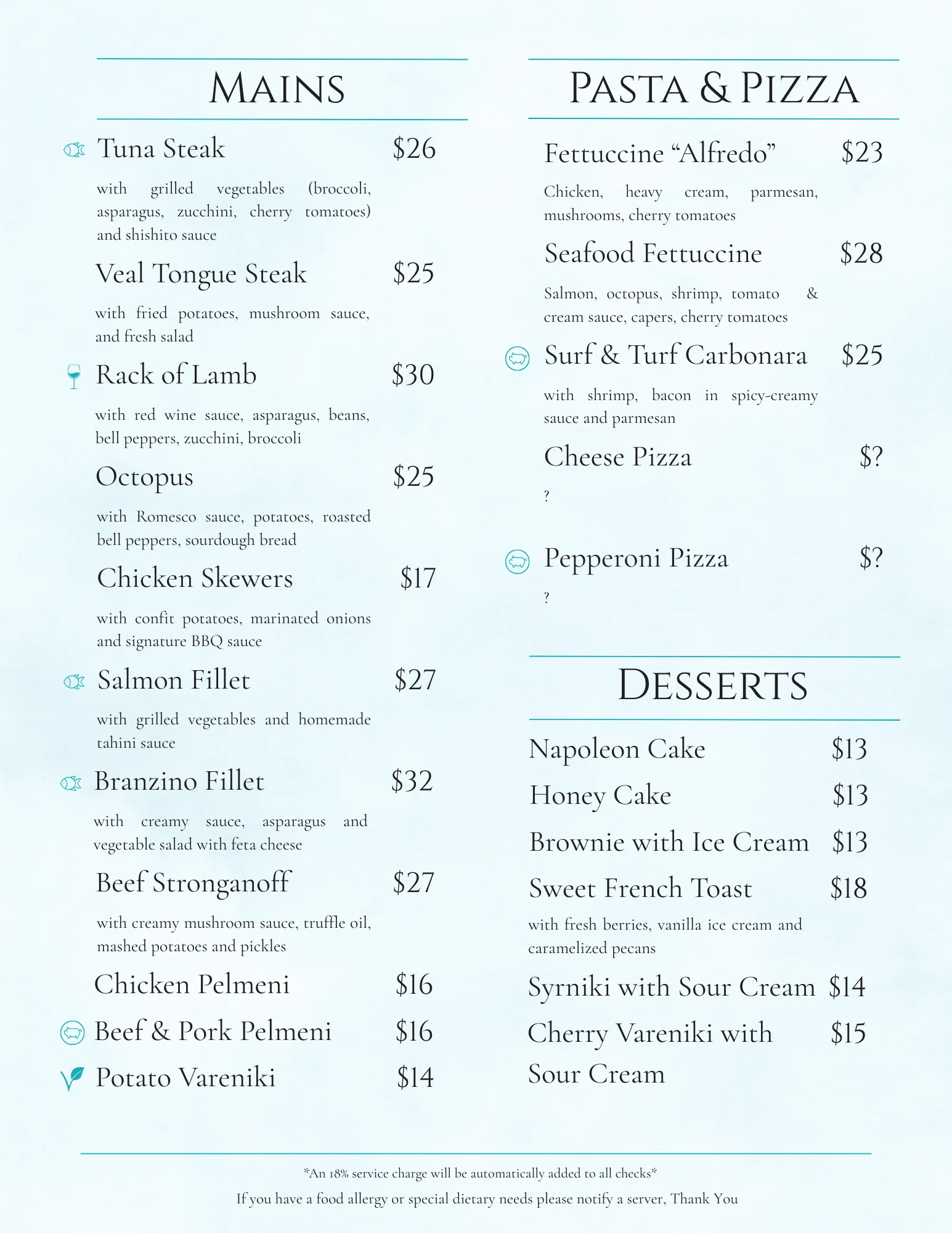 Restaurant menu featuring diverse global dishes and desserts