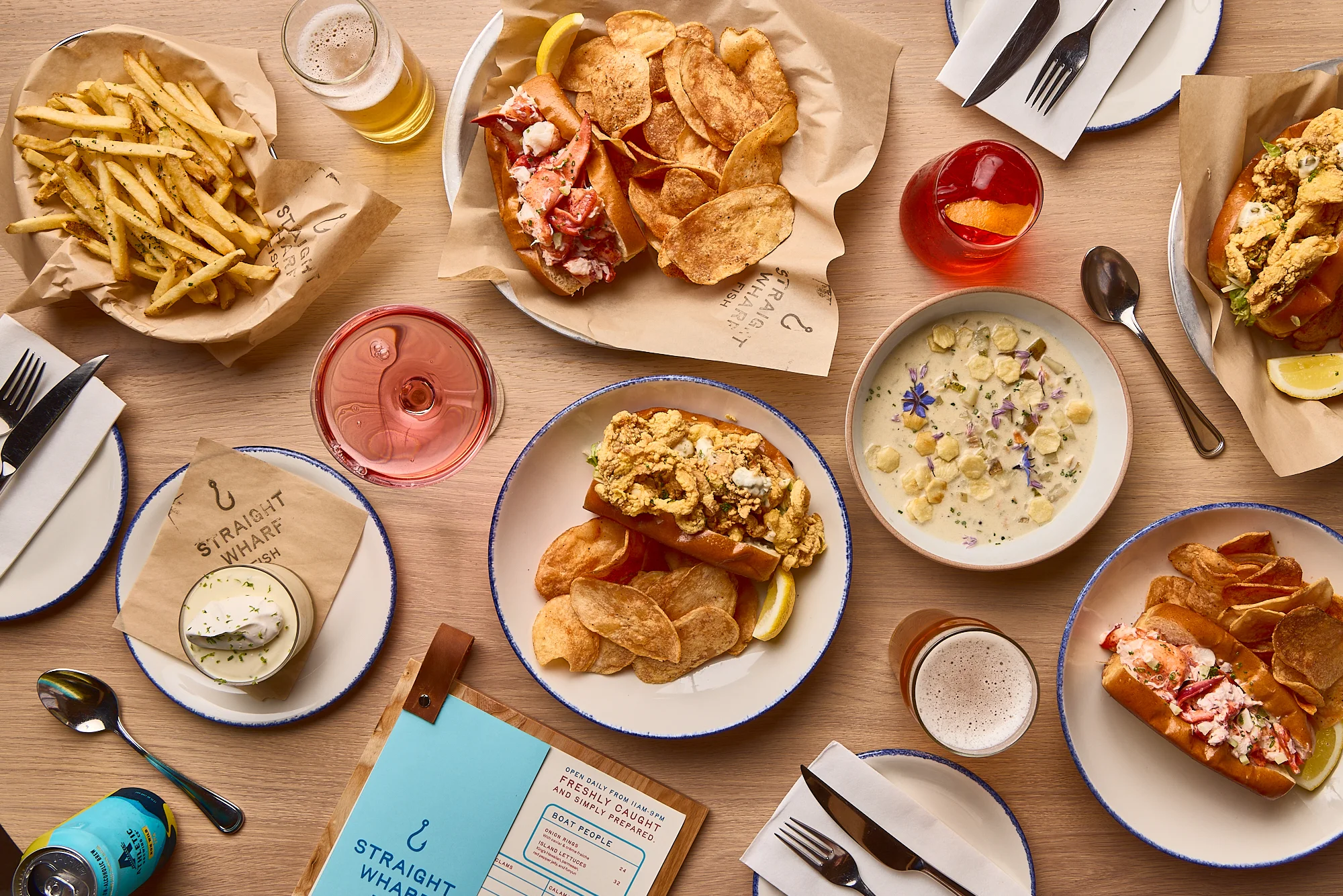 Lobster rolls and clam chowder in a coastal seafood restaurant