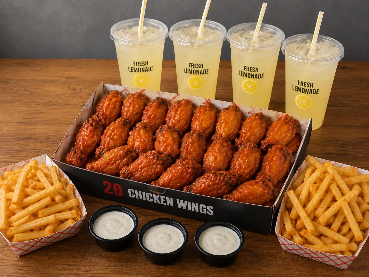 A combination meal featuring 20 chicken wings covered in sauce, served with two cups of dipping sauce, a side of fries, and three cups of fresh lemonade.
