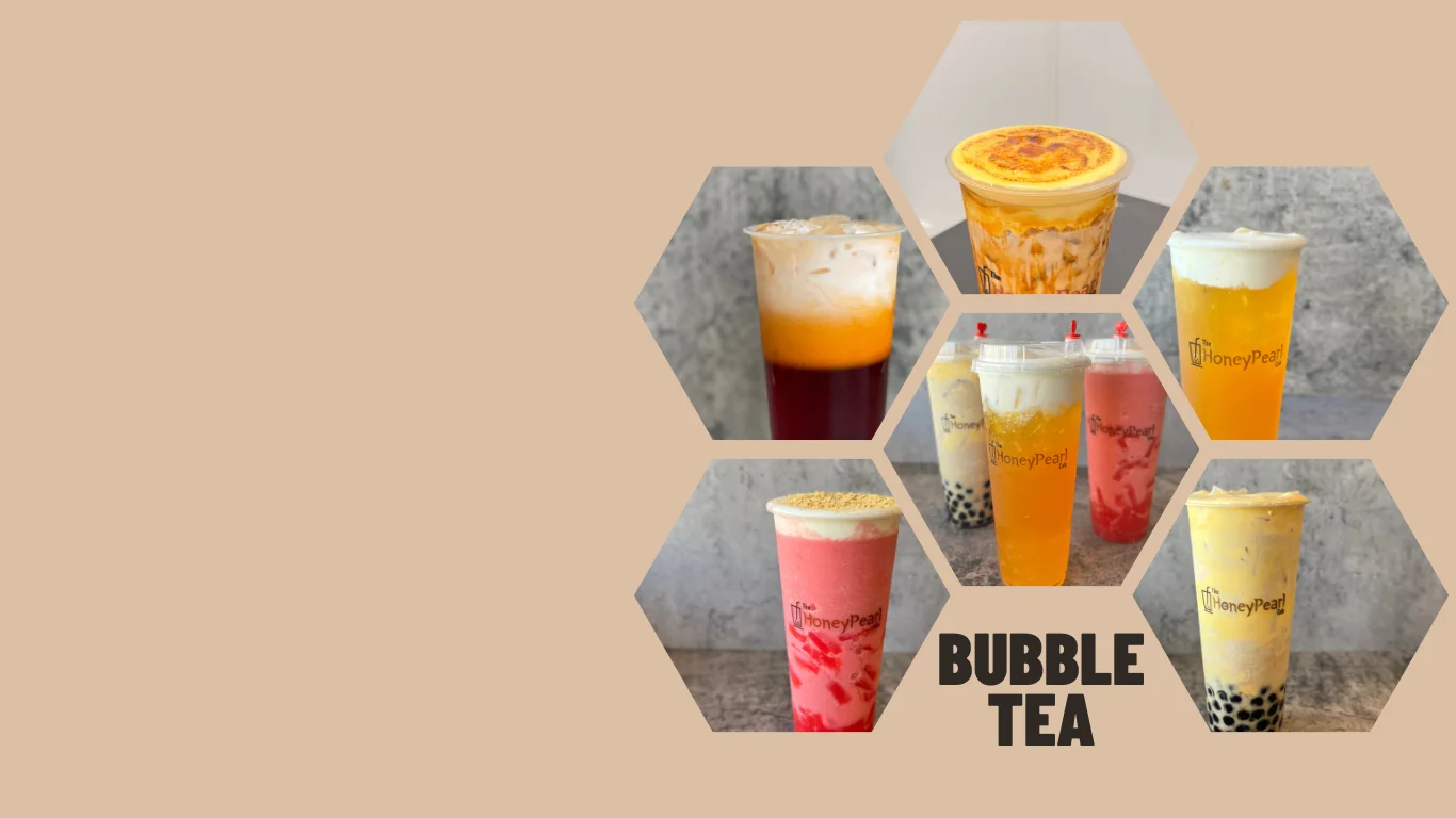 Variety of colorful bubble tea drinks in clear cups