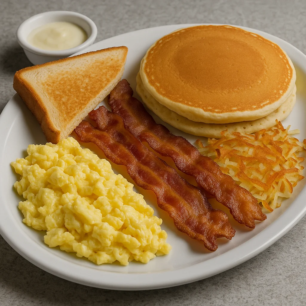 Classic American breakfast platter with pancakes and bacon