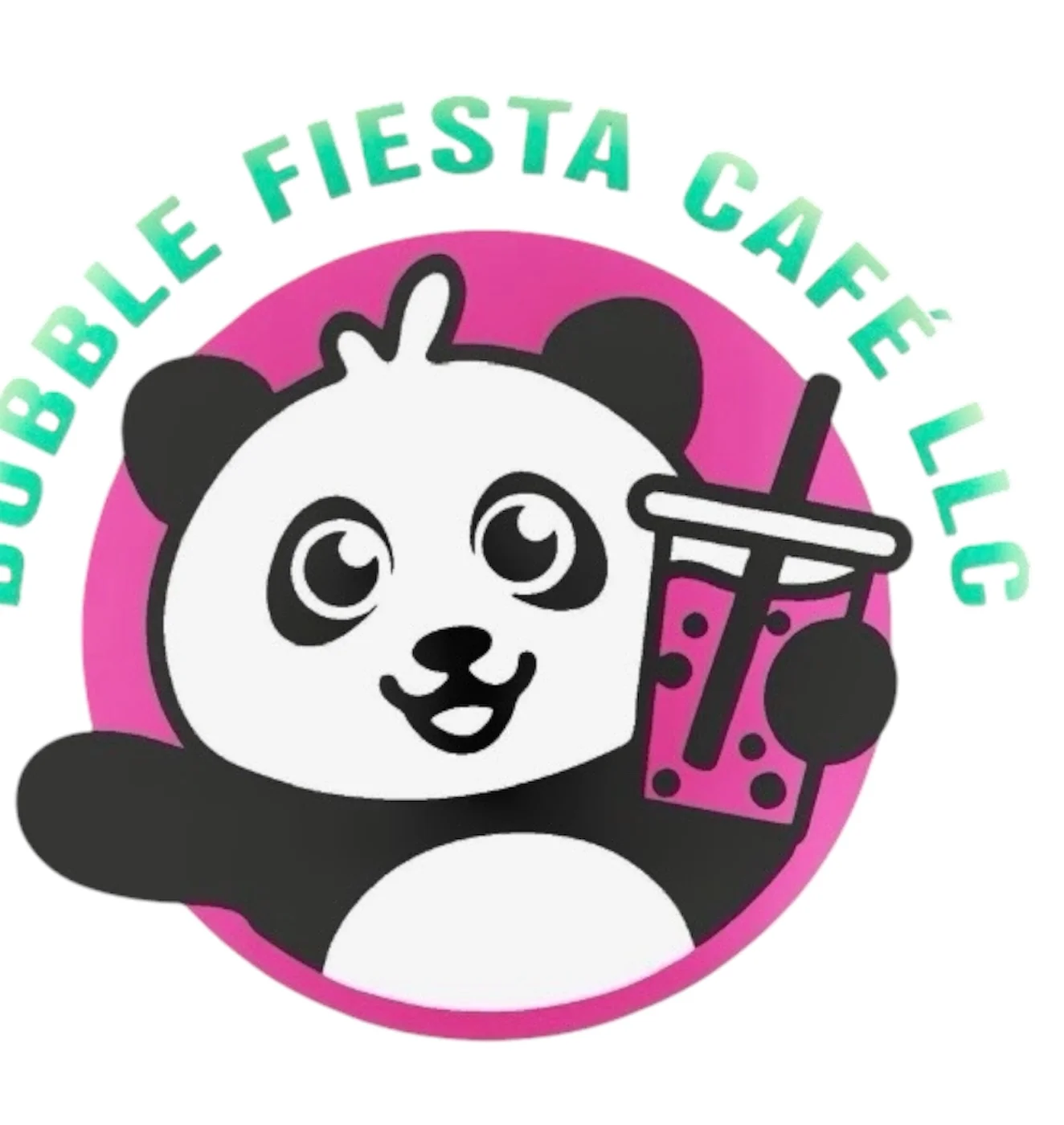 Logo of Bubble Fiesta Café featuring a cute panda holding a drink