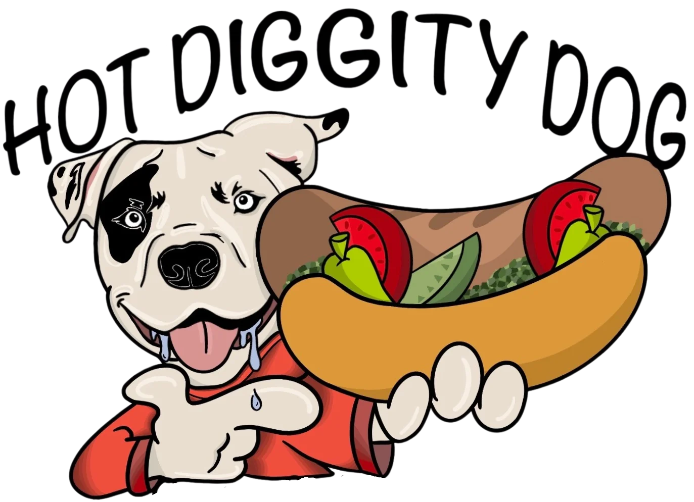Cartoon hot dog with toppings held by a playful dog mascot