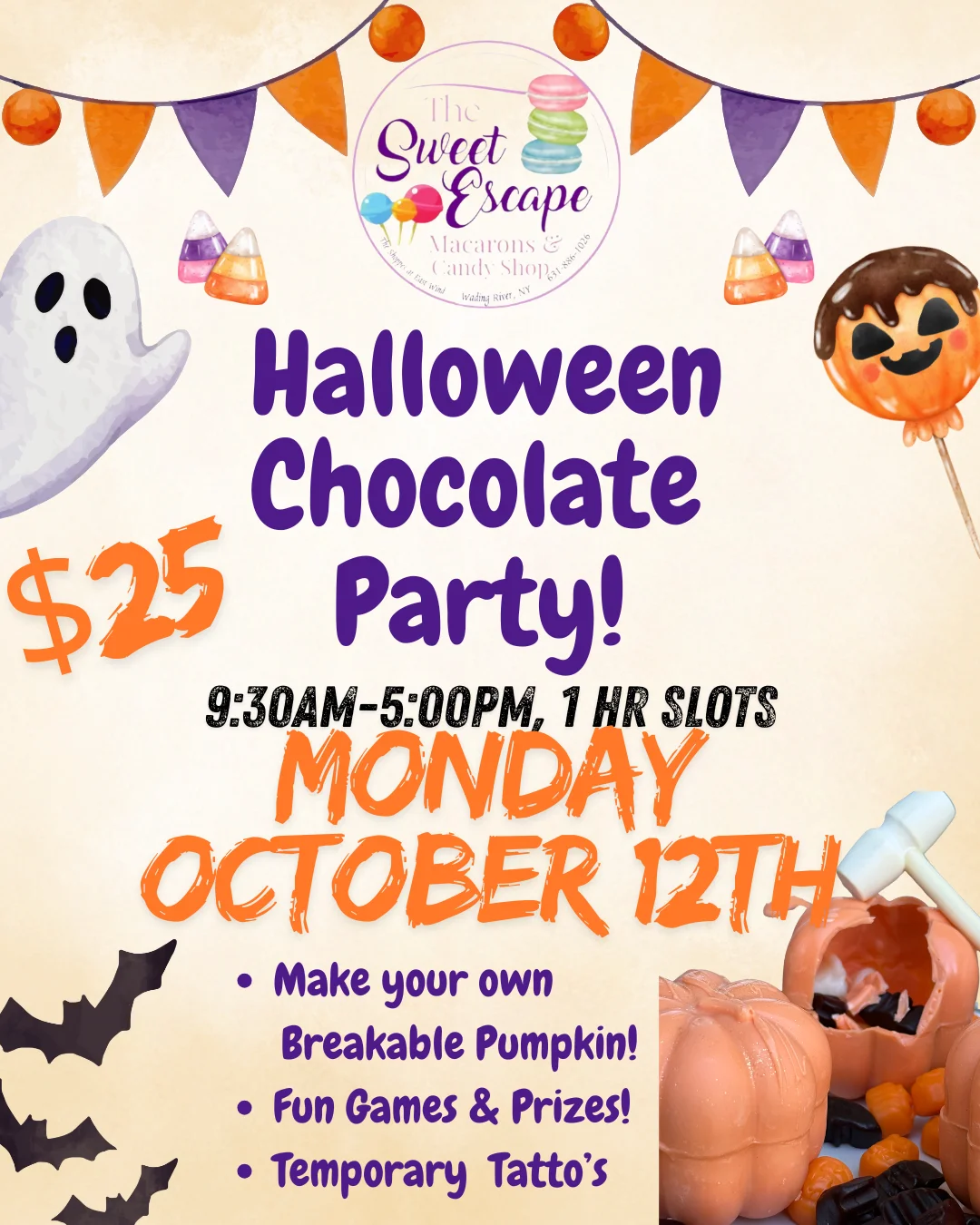 Halloween chocolate party flyer with colorful decorations and event details