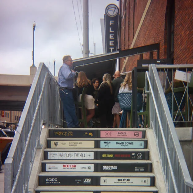 stairs leading up to the vinyl door