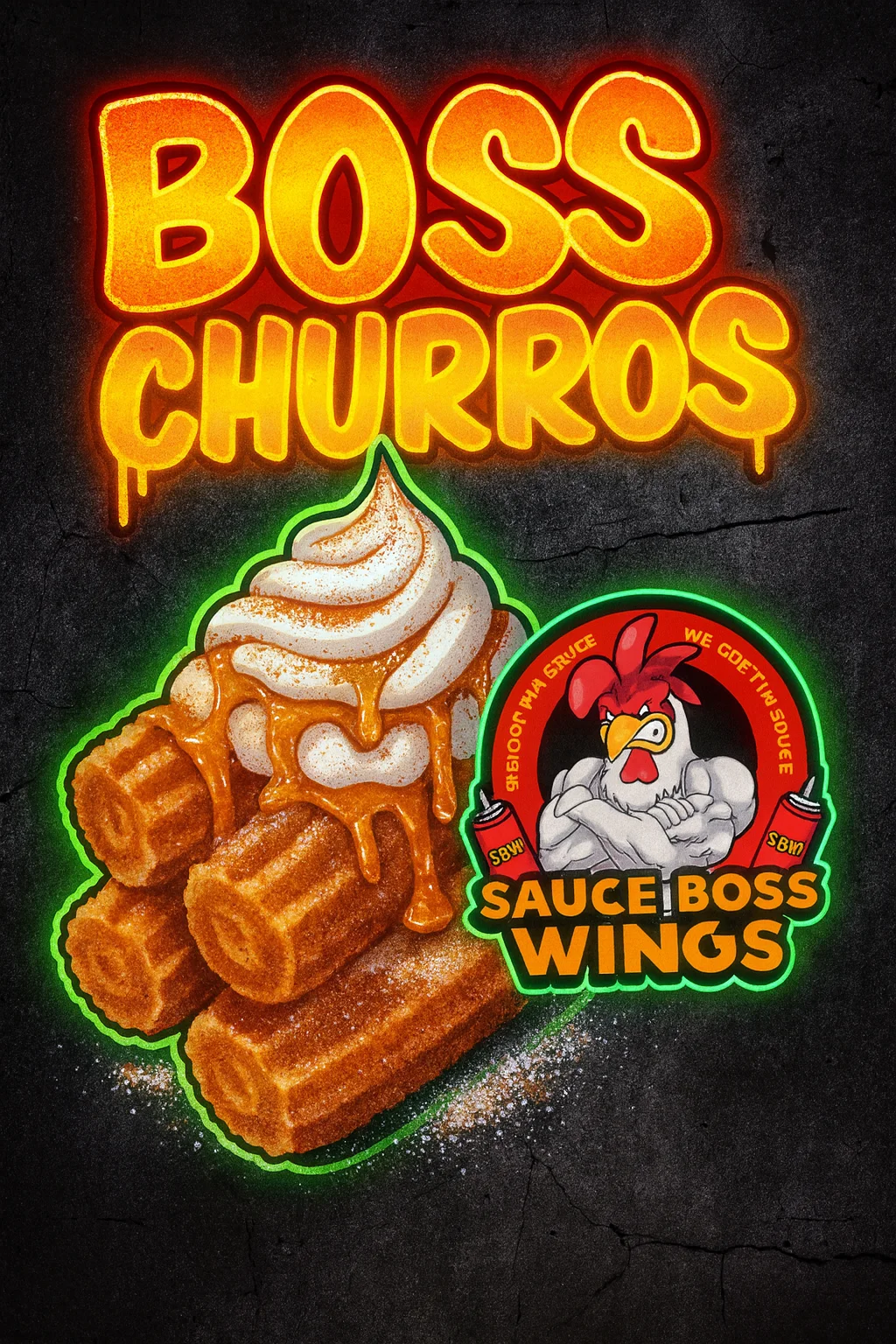 Delicious churros topped with whipped cream and caramel sauce