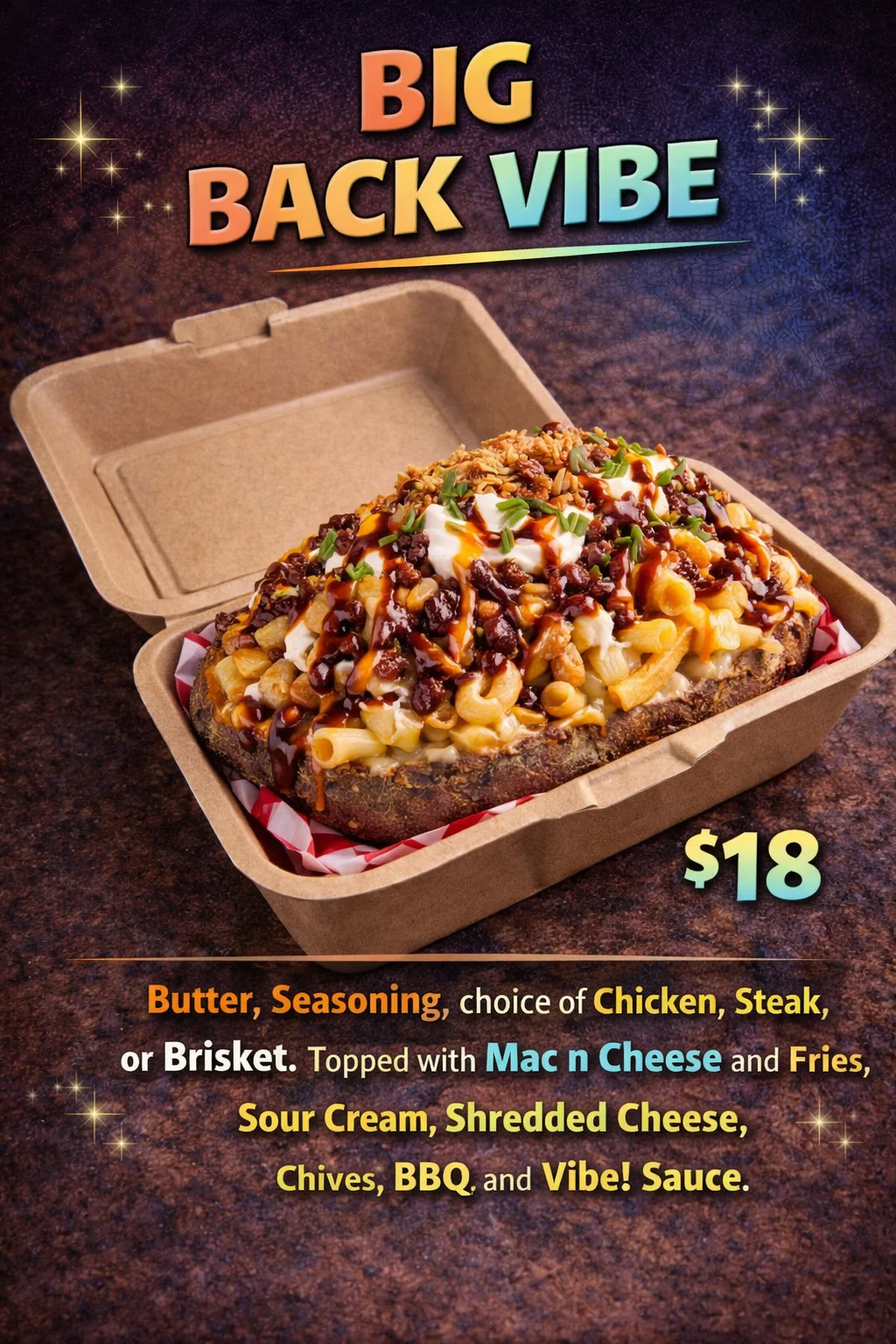 A hearty dish featuring a baked potato topped with mac and cheese, chicken or steak, BBQ sauce, and various garnishes served in a takeout container.