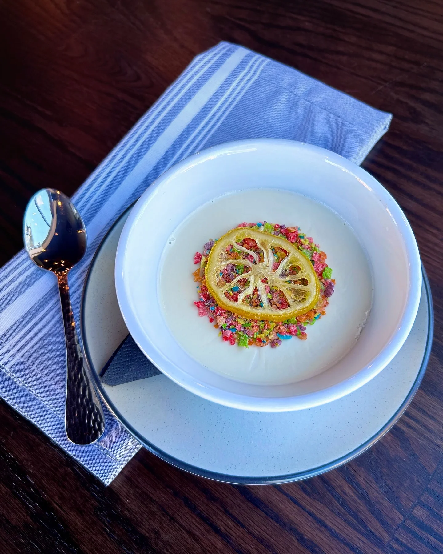 Coconut panna cotta with candied lemon and colorful sprinkles