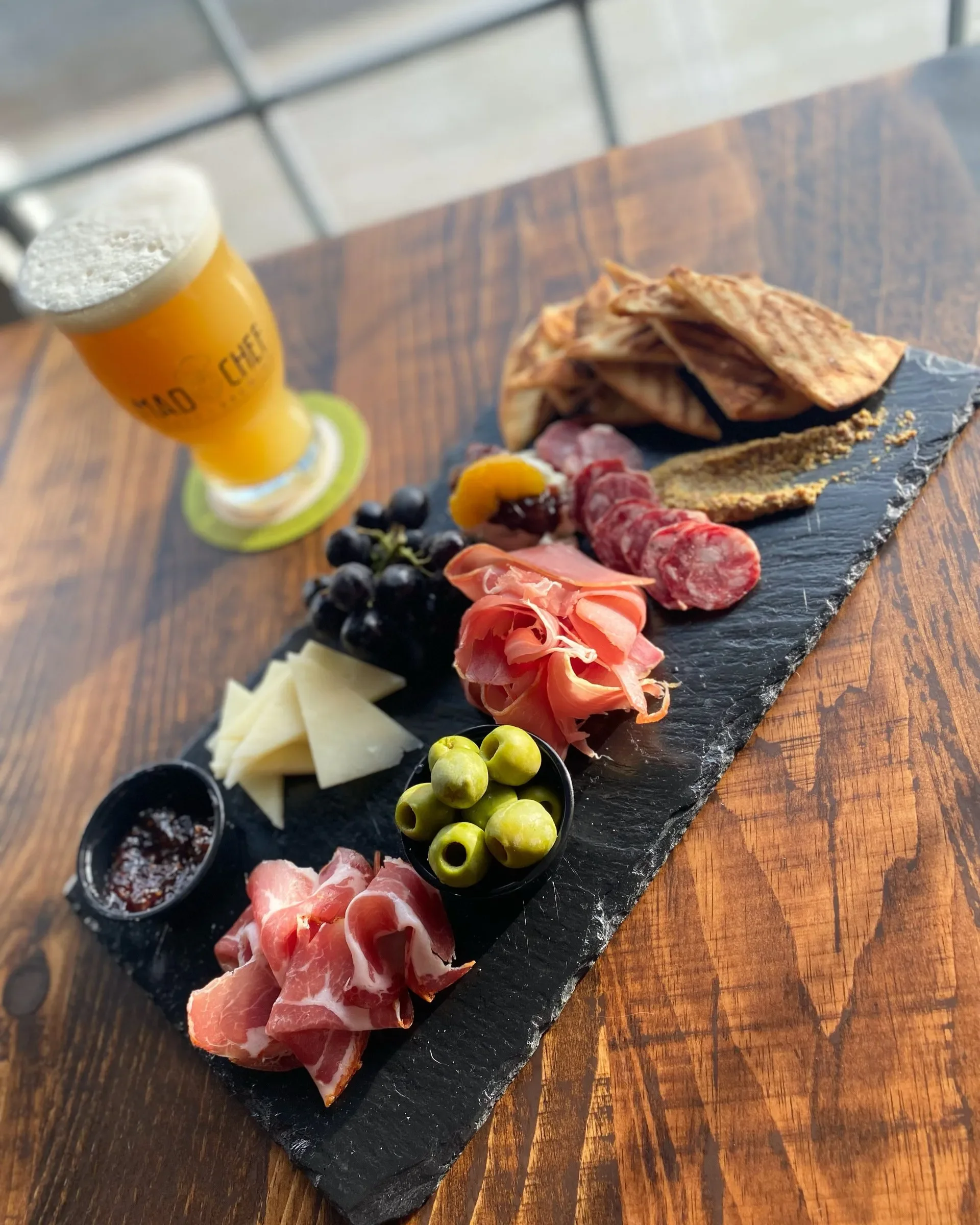 Charcuterie board with assorted meats and cheeses