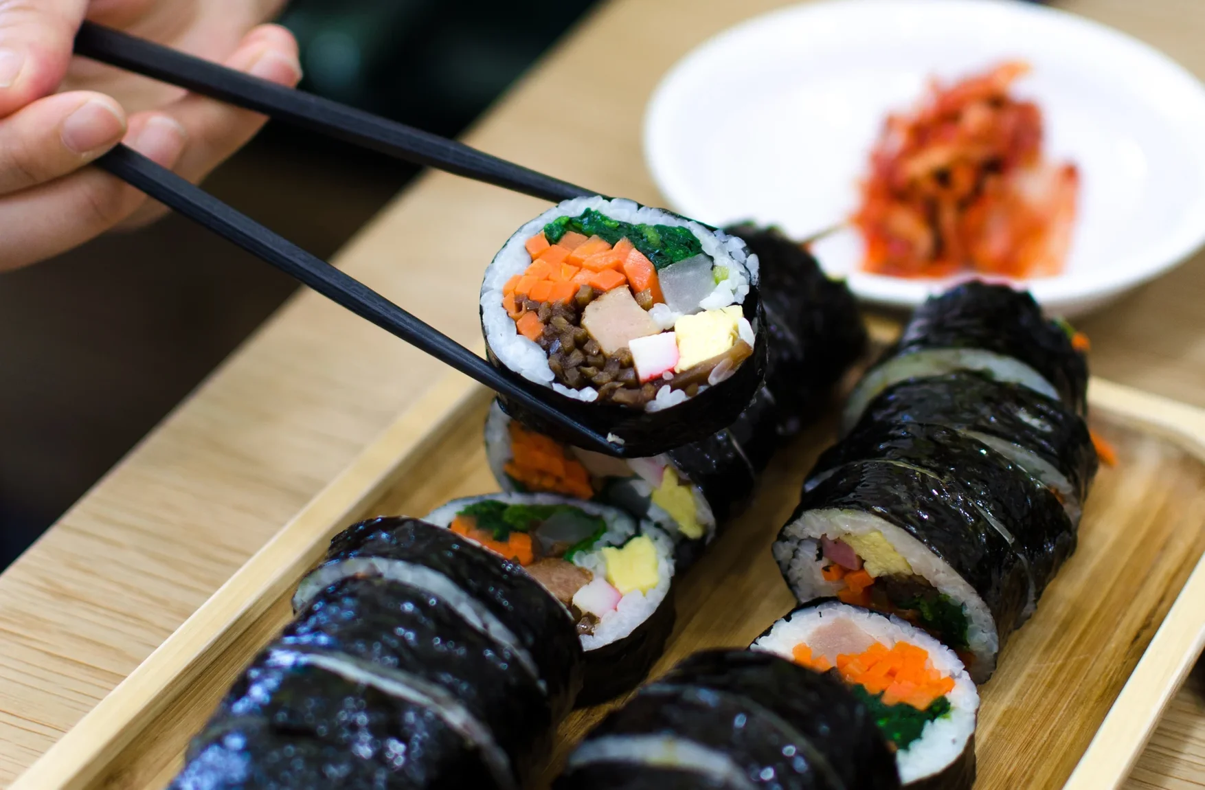 Korean gimbap rolls with colorful vegetables