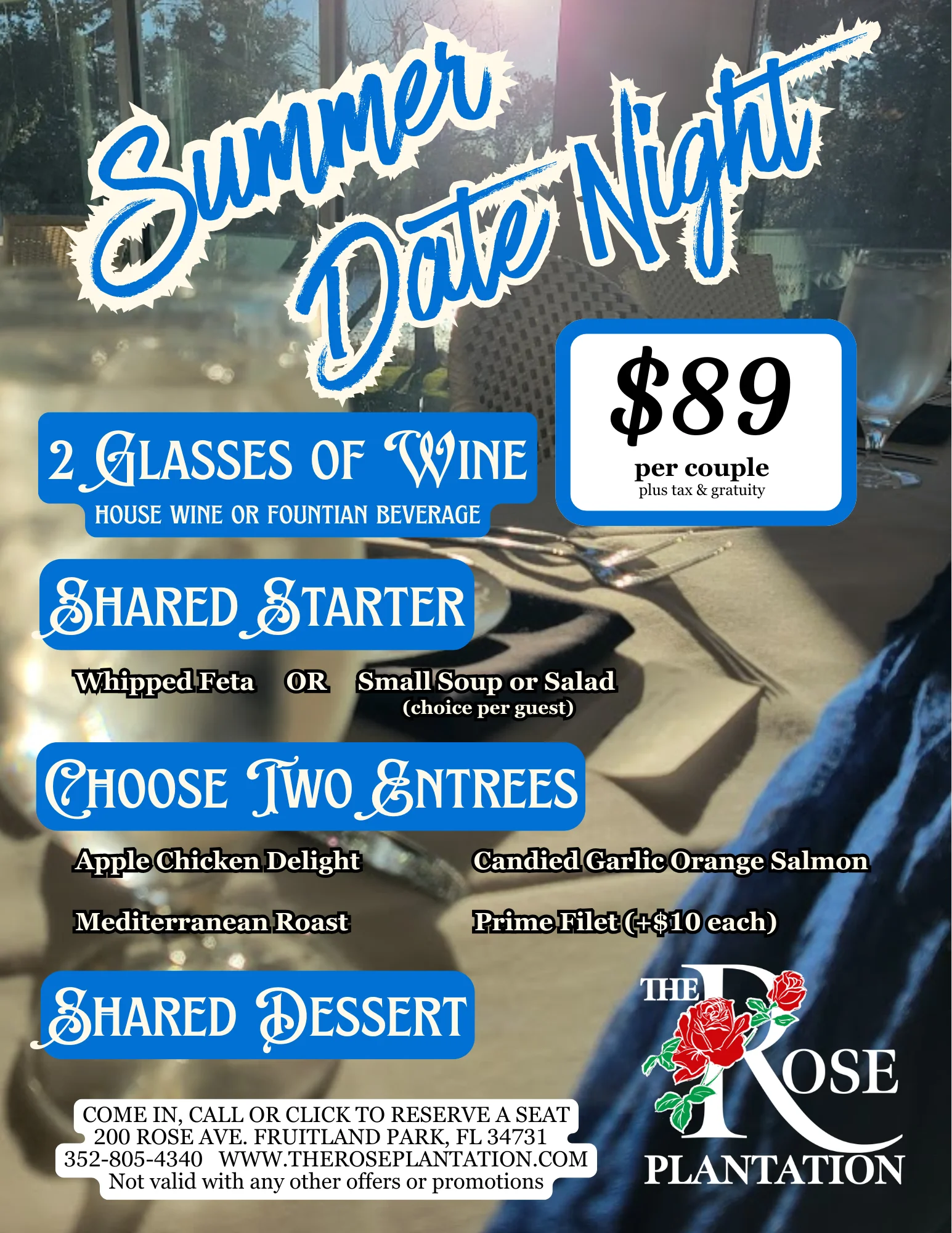 Summer date night menu at a cozy restaurant