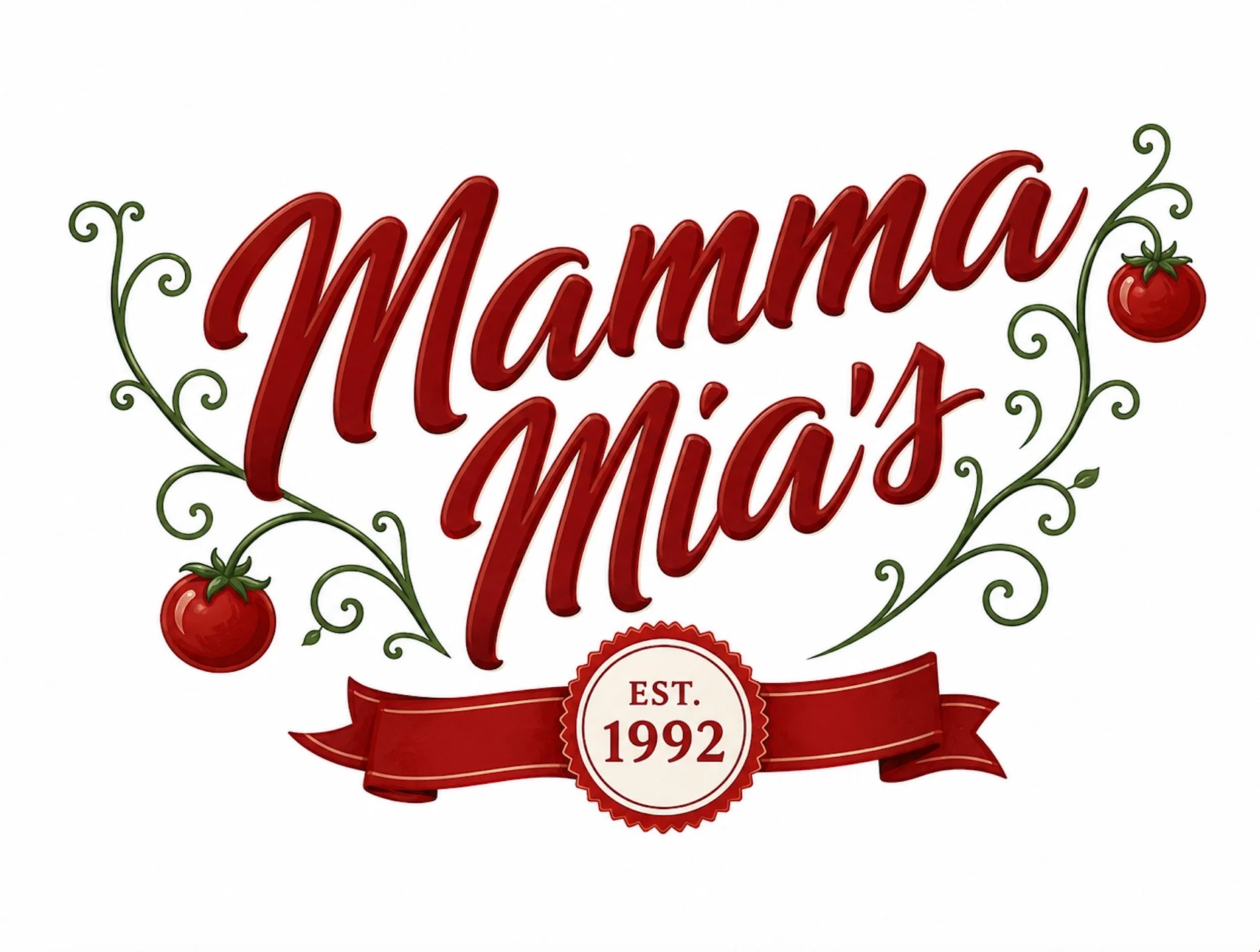 A decorative logo featuring stylized text that reads 'Mamma Mia's' with vine elements and tomatoes. The design is vibrant and playful.