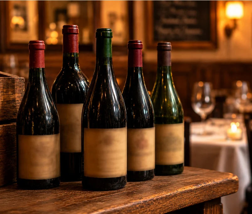 Collection of wine bottles in a cozy restaurant setting