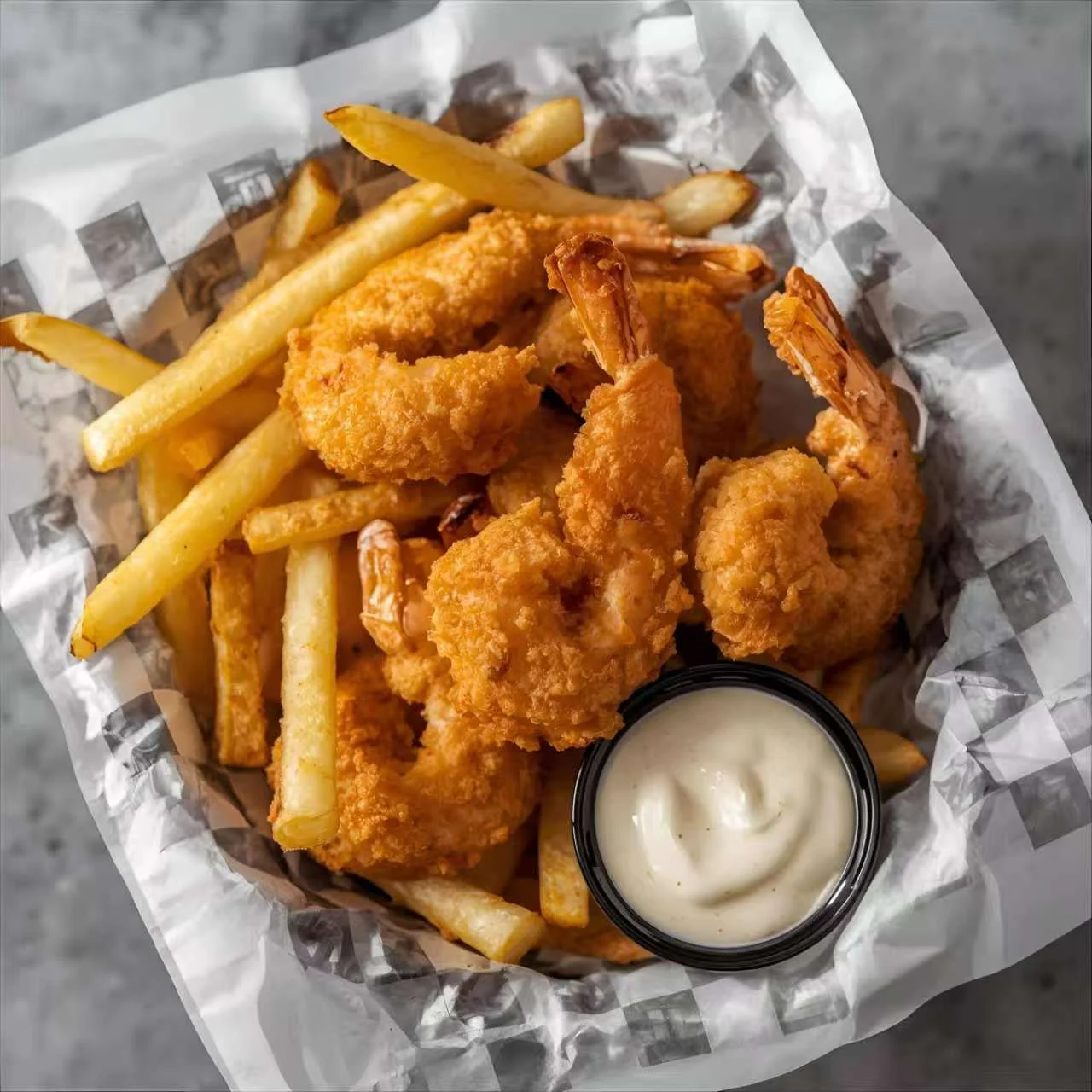 A basket of crispy fried shrimp served with French fries and a small cup of dipping sauce.
