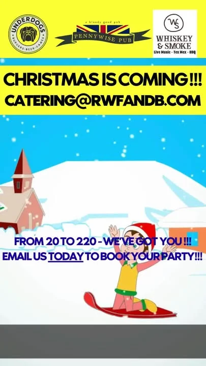 Festive holiday party invitation with snow and cheerful graphics