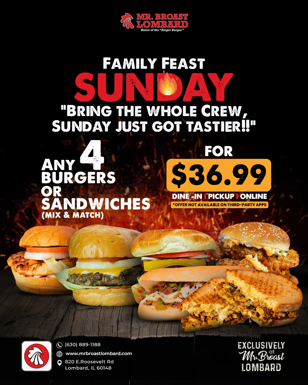 Promotional image for Family Feast Sunday with burgers and sandwiches.