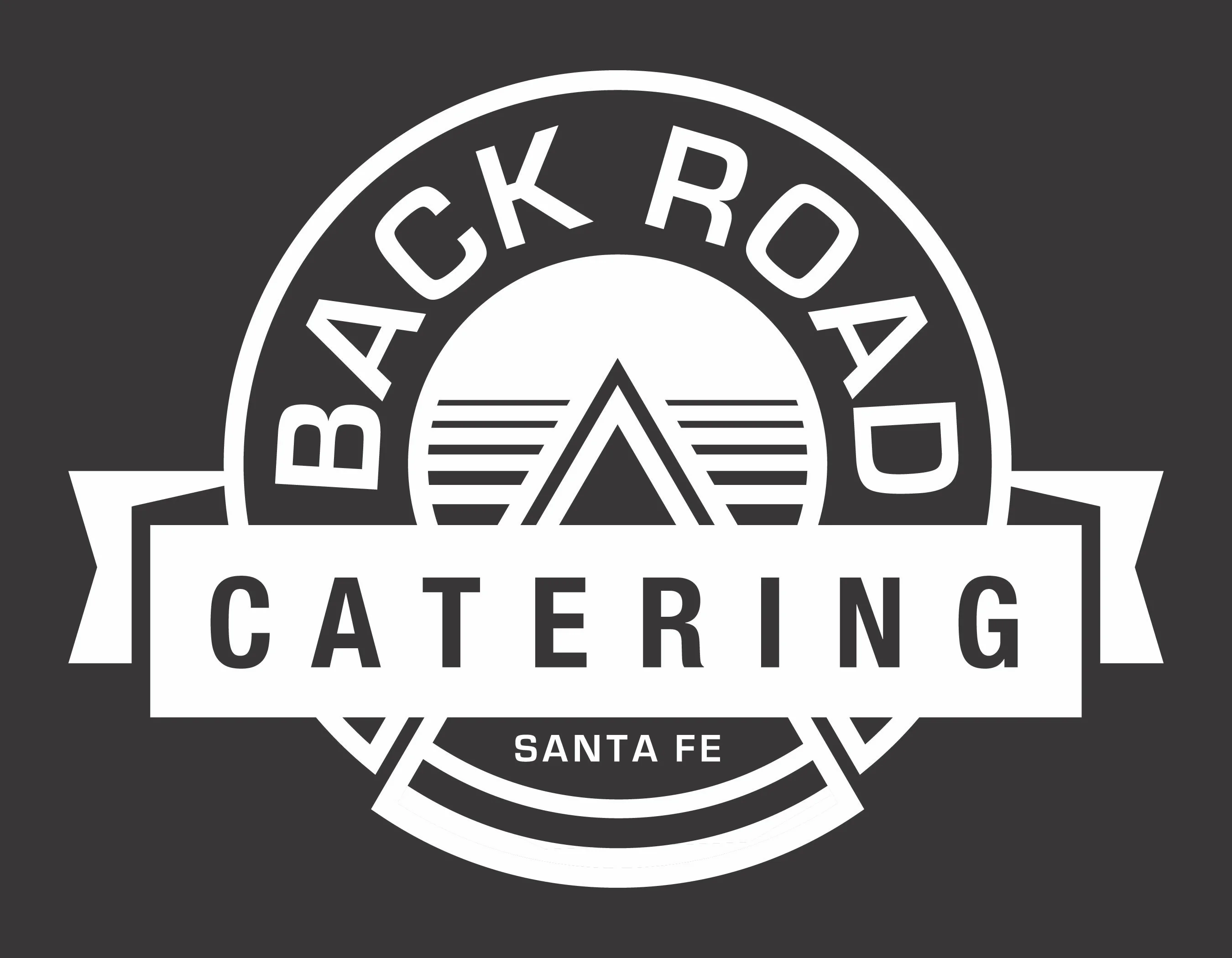 Black and white catering logo with Santa Fe text and circular emblem