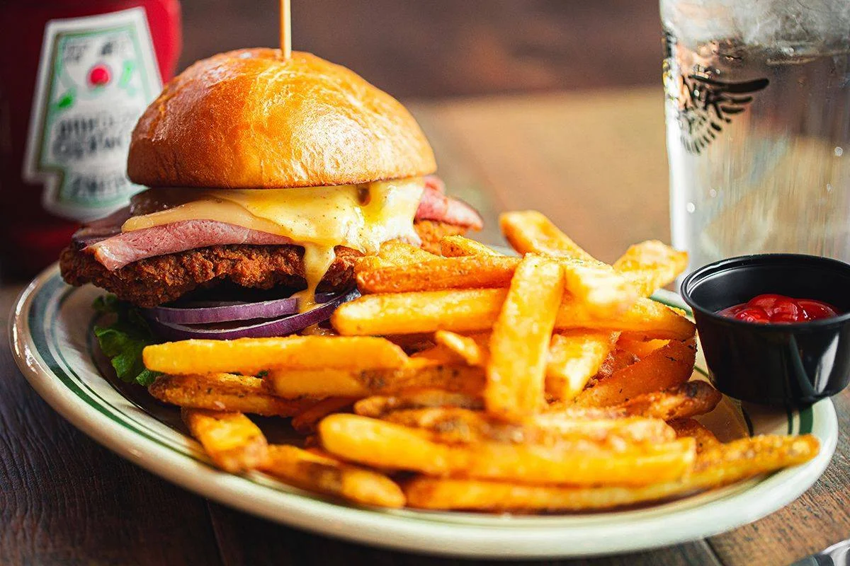 Crispy chicken sandwich with fries