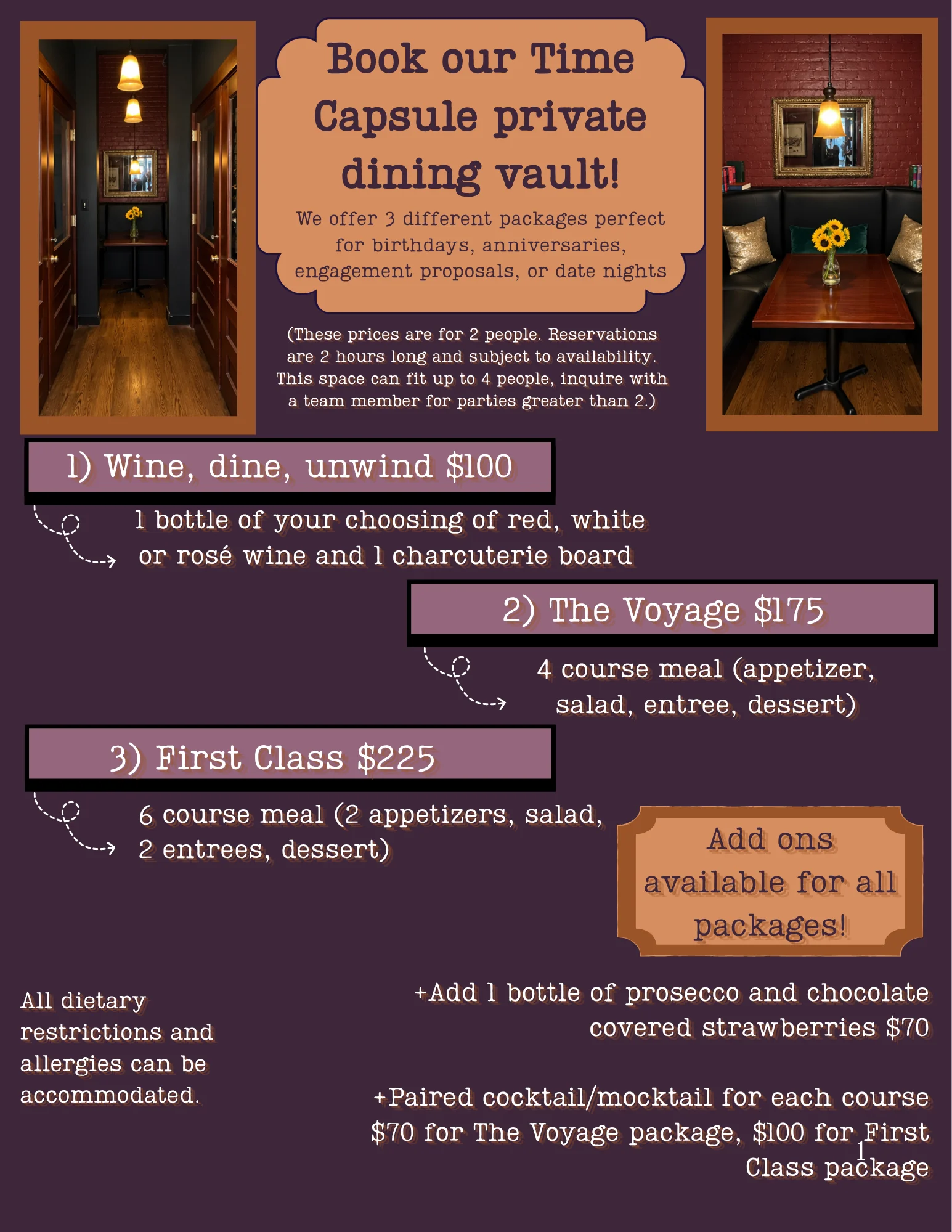 Private dining vault package menu with restaurant interior photos and event pricing