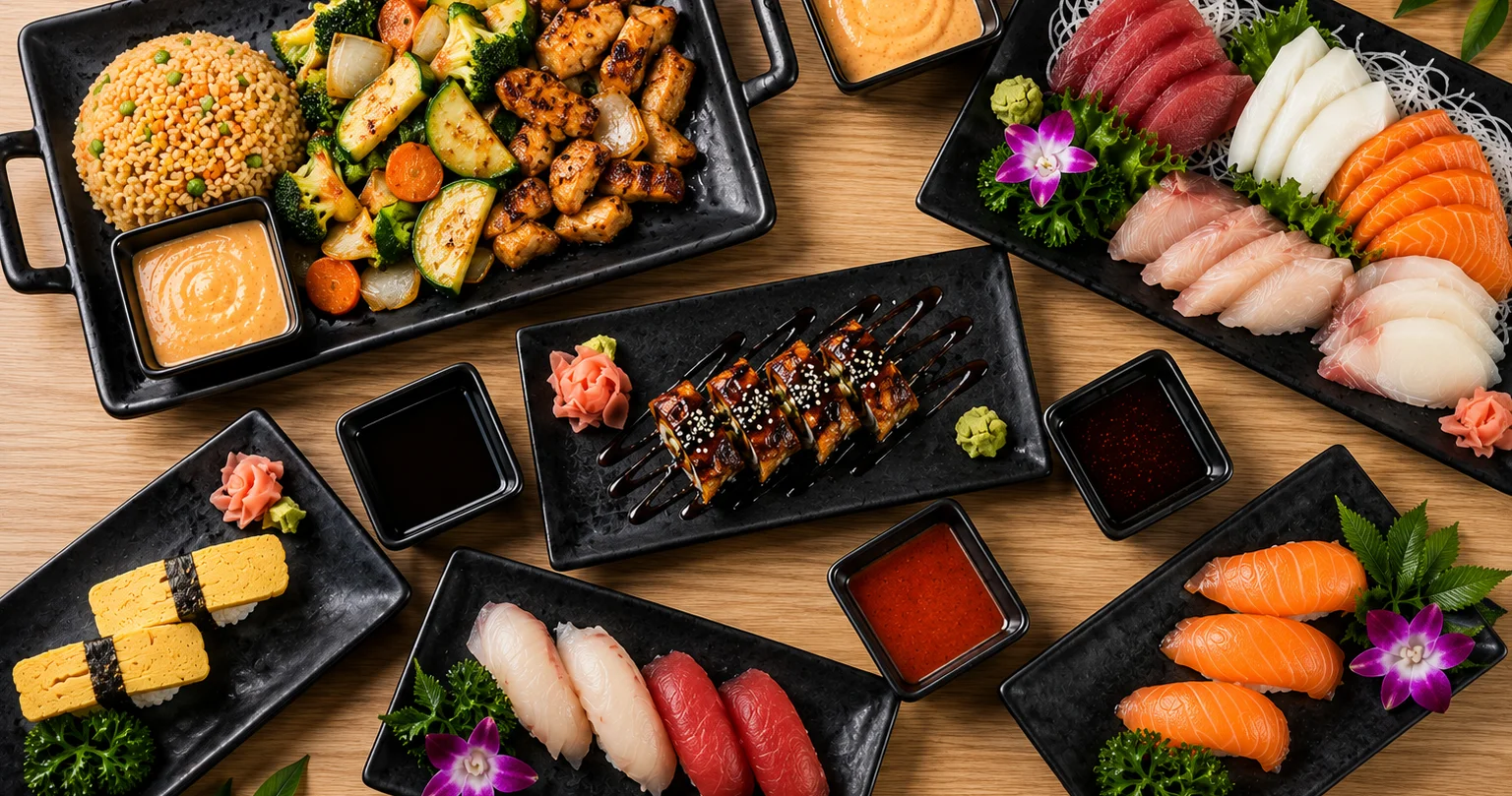 Japanese sushi platter with assorted sashimi and grilled chicken