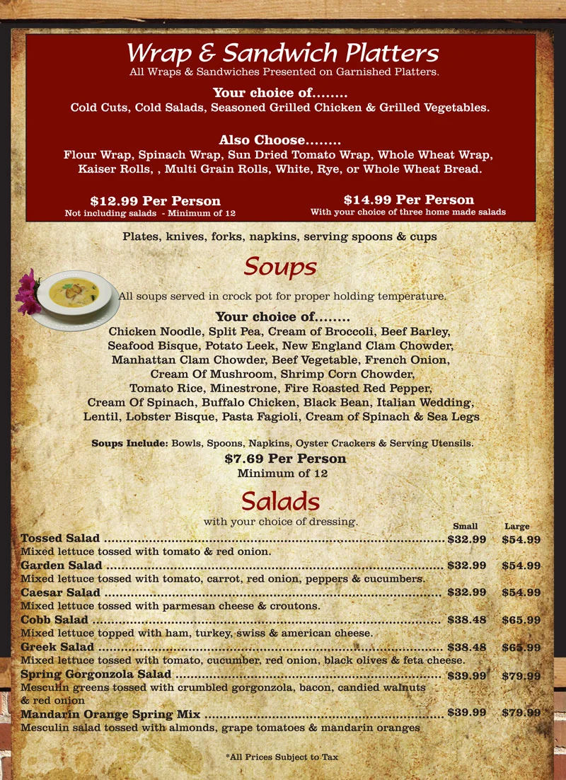 Catering menu featuring wraps, sandwiches, soups, and salads