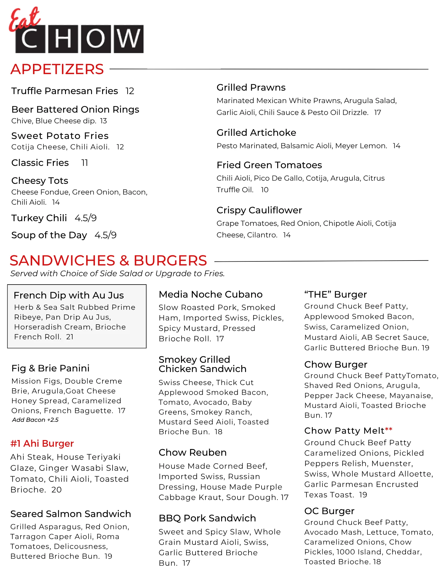Variety of American sandwiches and appetizers on a restaurant menu