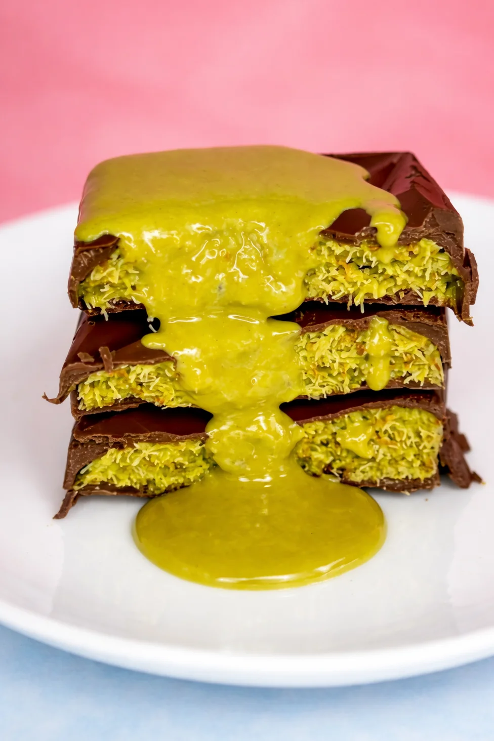 A close-up of three stacked dessert bars dripping with a vibrant green sauce, showcasing a blend of chocolate and a textured filling.