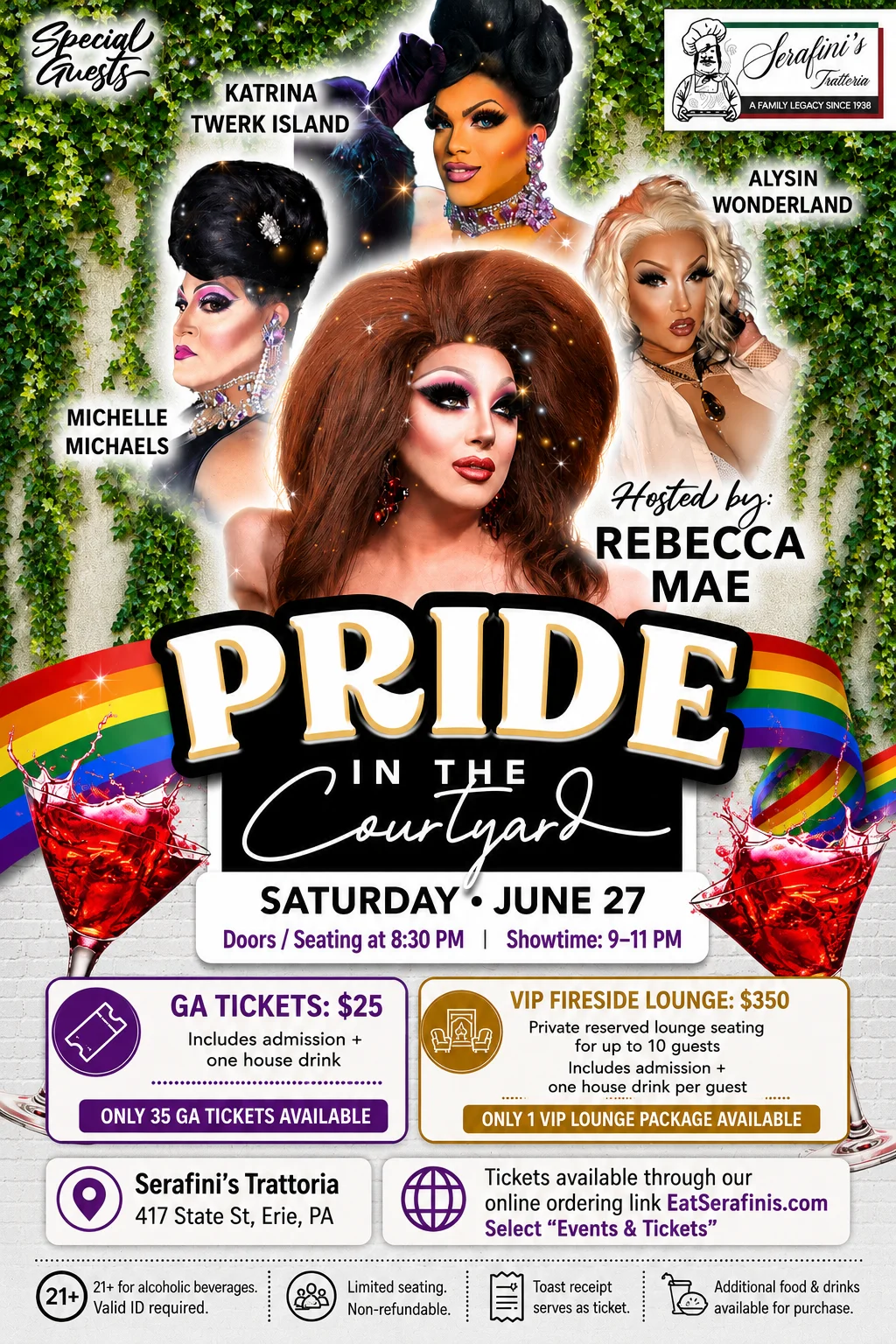 Promotional poster for Pride event at Serafini's Trattoria