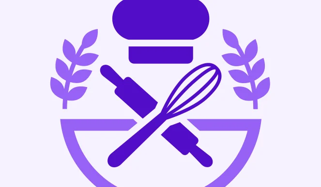 A colorful and modern logo featuring a chef's hat, rolling pin, and whisk, surrounded by leaves, representing a candy and pastry business.