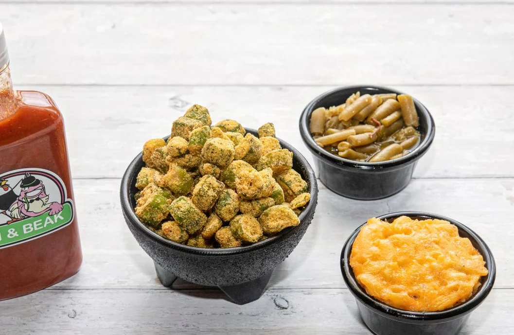 Southern fried okra with sides of green beans and mac and cheese