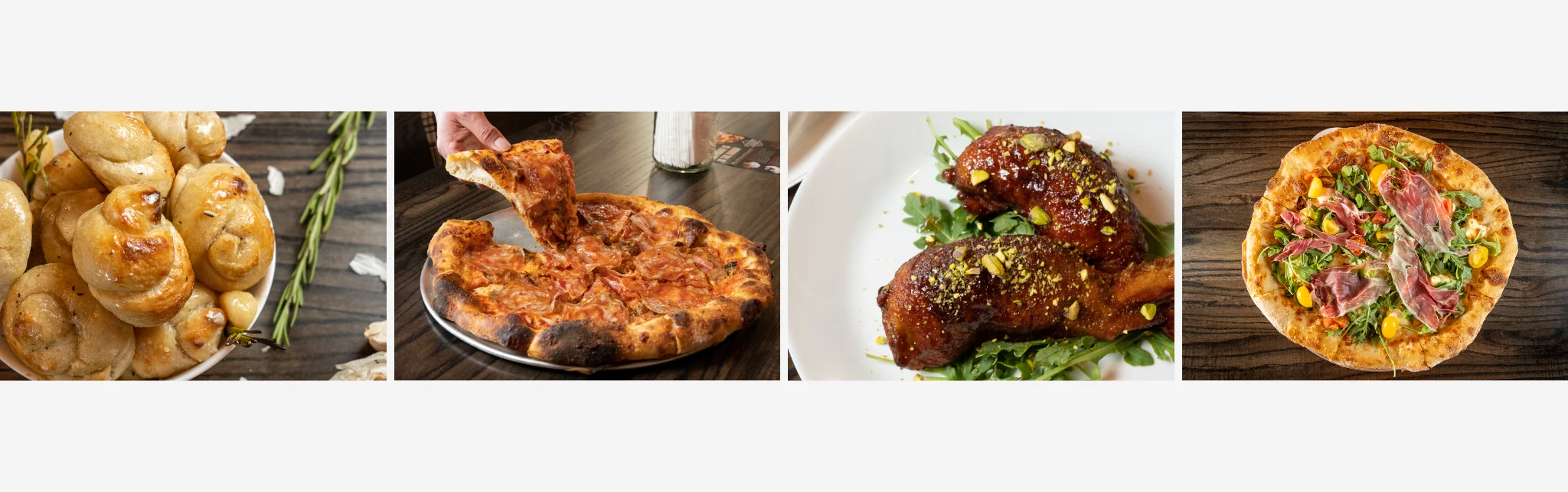 Assorted Italian dishes including pizza and garlic knots