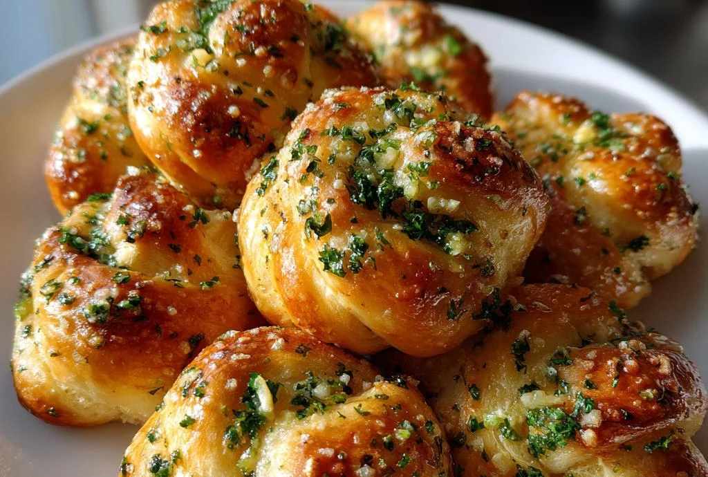 Golden garlic knots topped with parsley on a white plate.