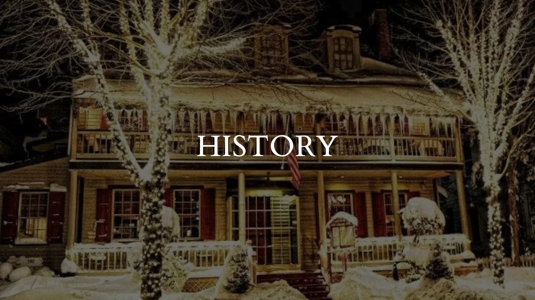 Historic building adorned with winter lights and snow