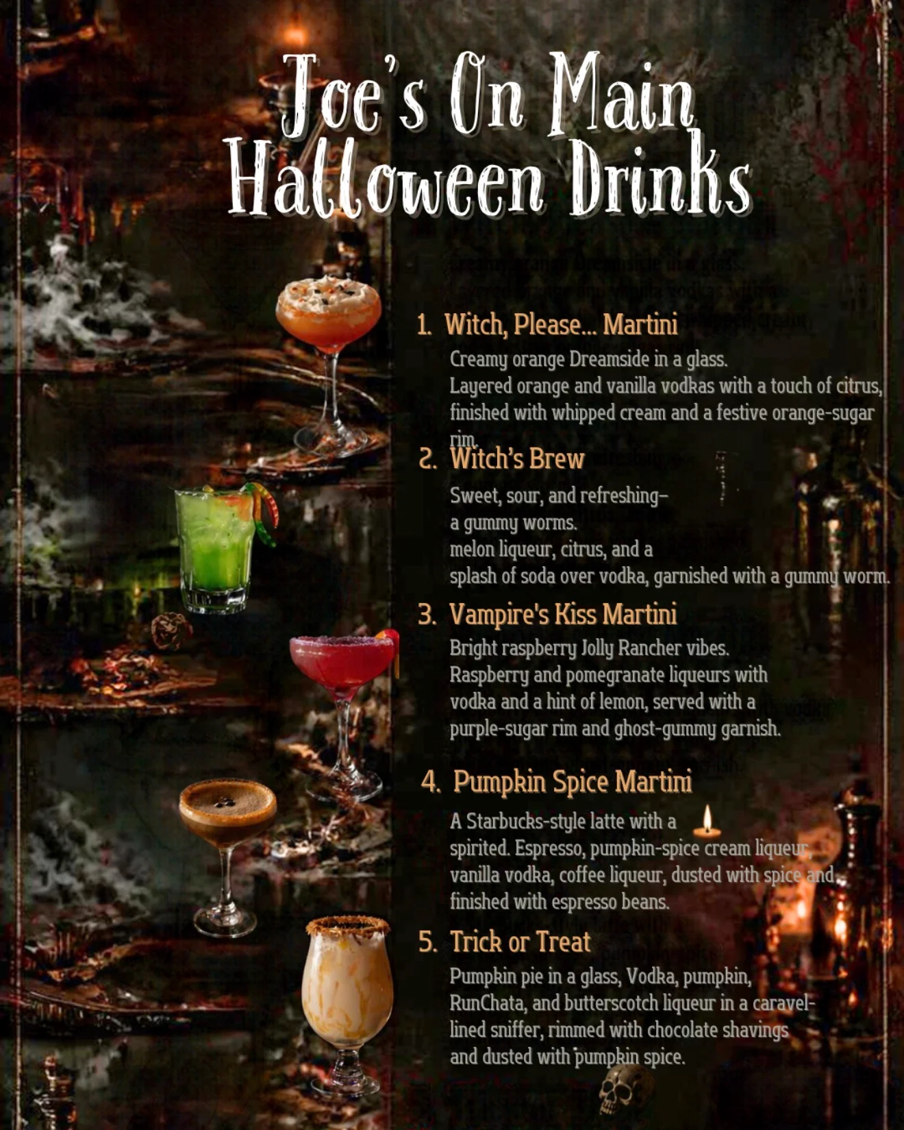 Halloween cocktail menu featuring colorful martinis and festive drinks