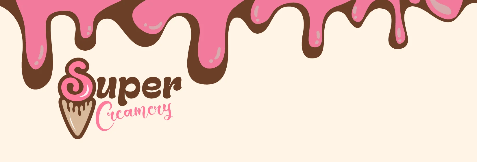A logo featuring the text 'Super Creamery' with an ice cream cone illustration, showcasing a swirl of pink ice cream on top of a brown cone.
