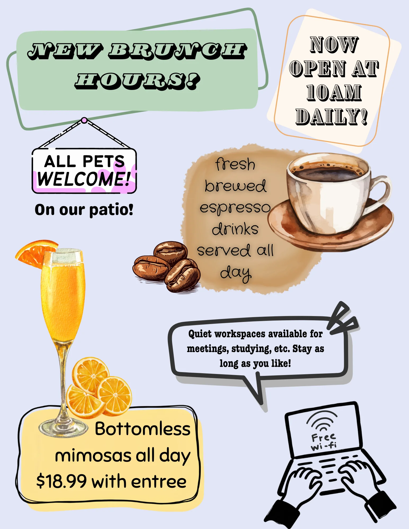 Colorful brunch promotion with mimosas and coffee on a patio setting