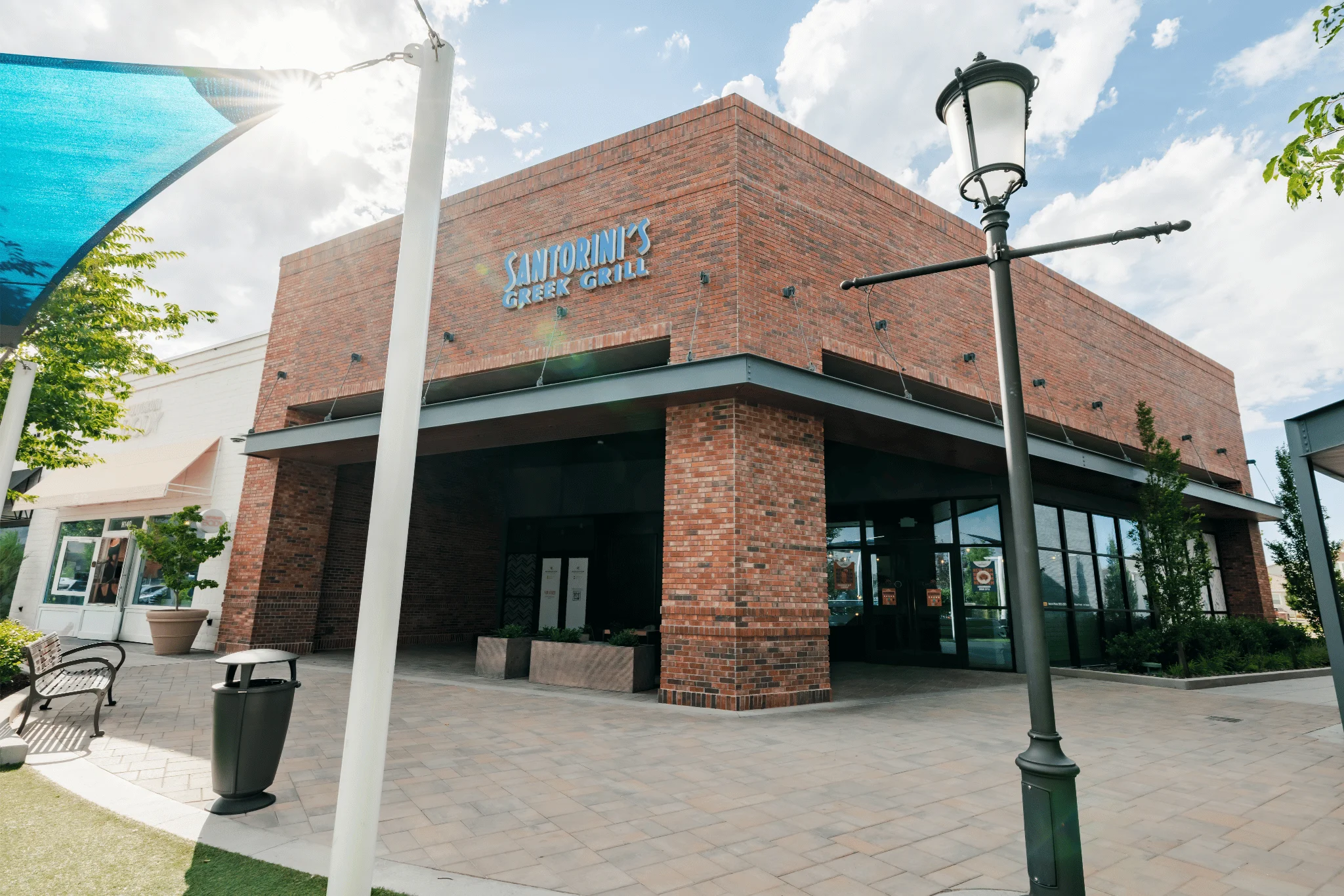 Santorini's Greek Grill exterior at Mountain View Village in Riverton Utah