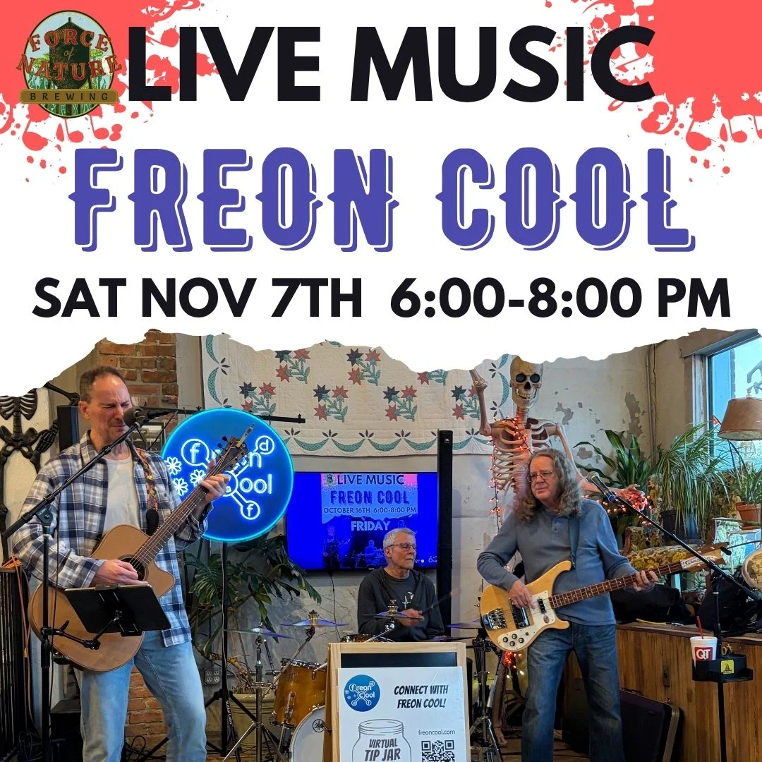 Live music event poster featuring a three-piece band performing indoors