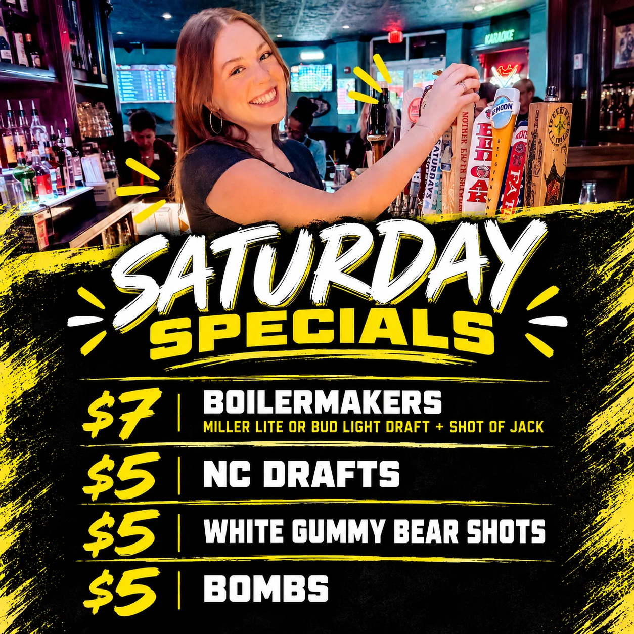 Bartender serving drinks at a lively bar with Saturday specials