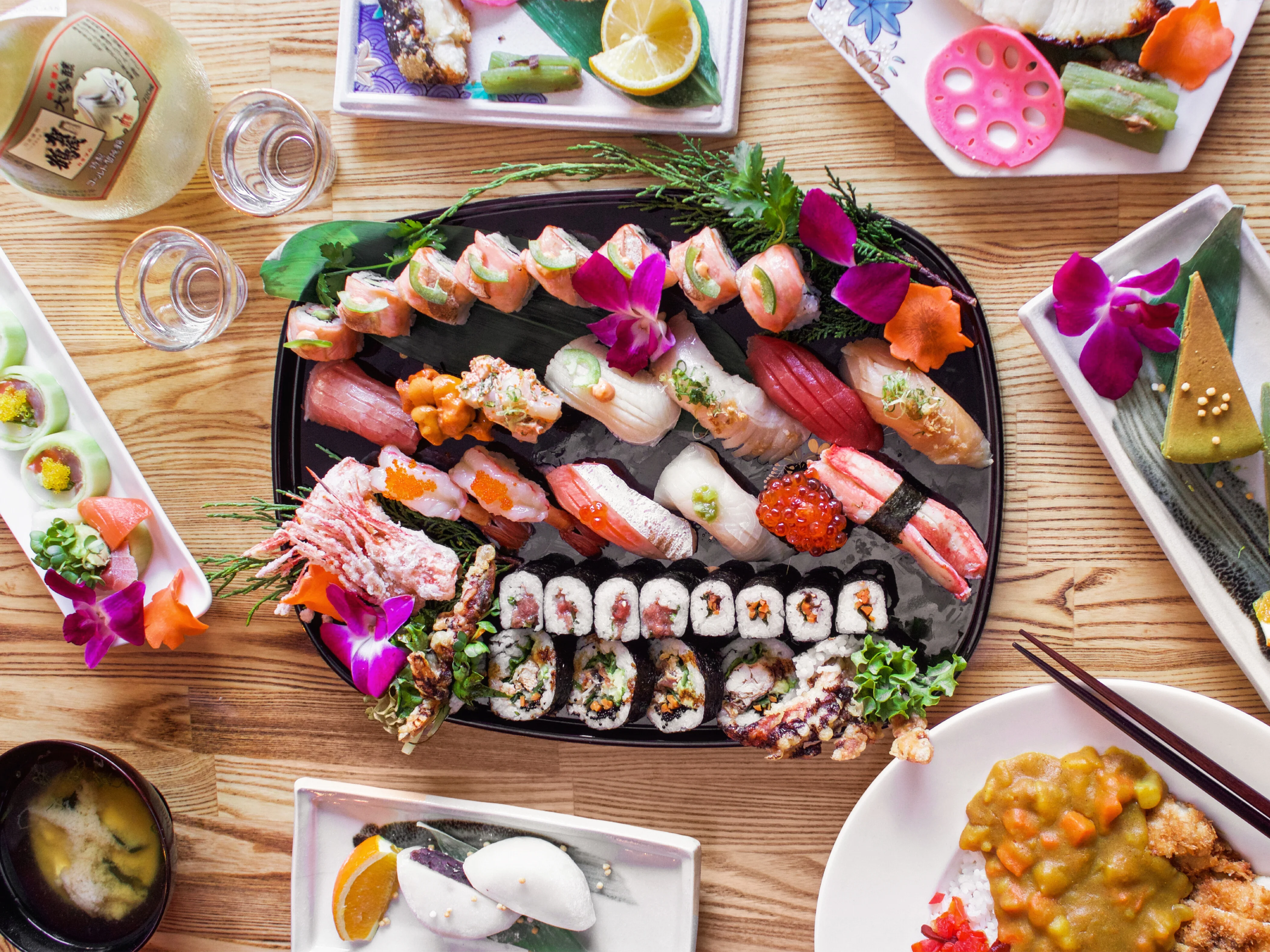 Assorted Japanese sushi platter with colorful garnishes