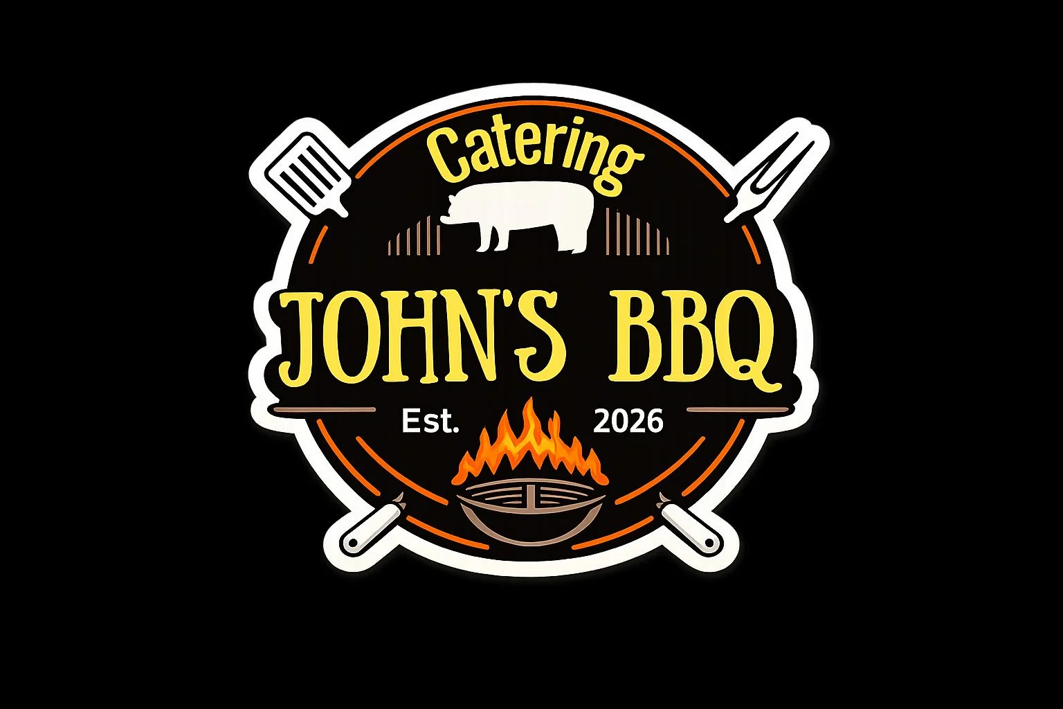 A logo for a BBQ catering service featuring a pig illustration, cooking utensils, and flames, with the text emphasizing the brand name and establishment year.