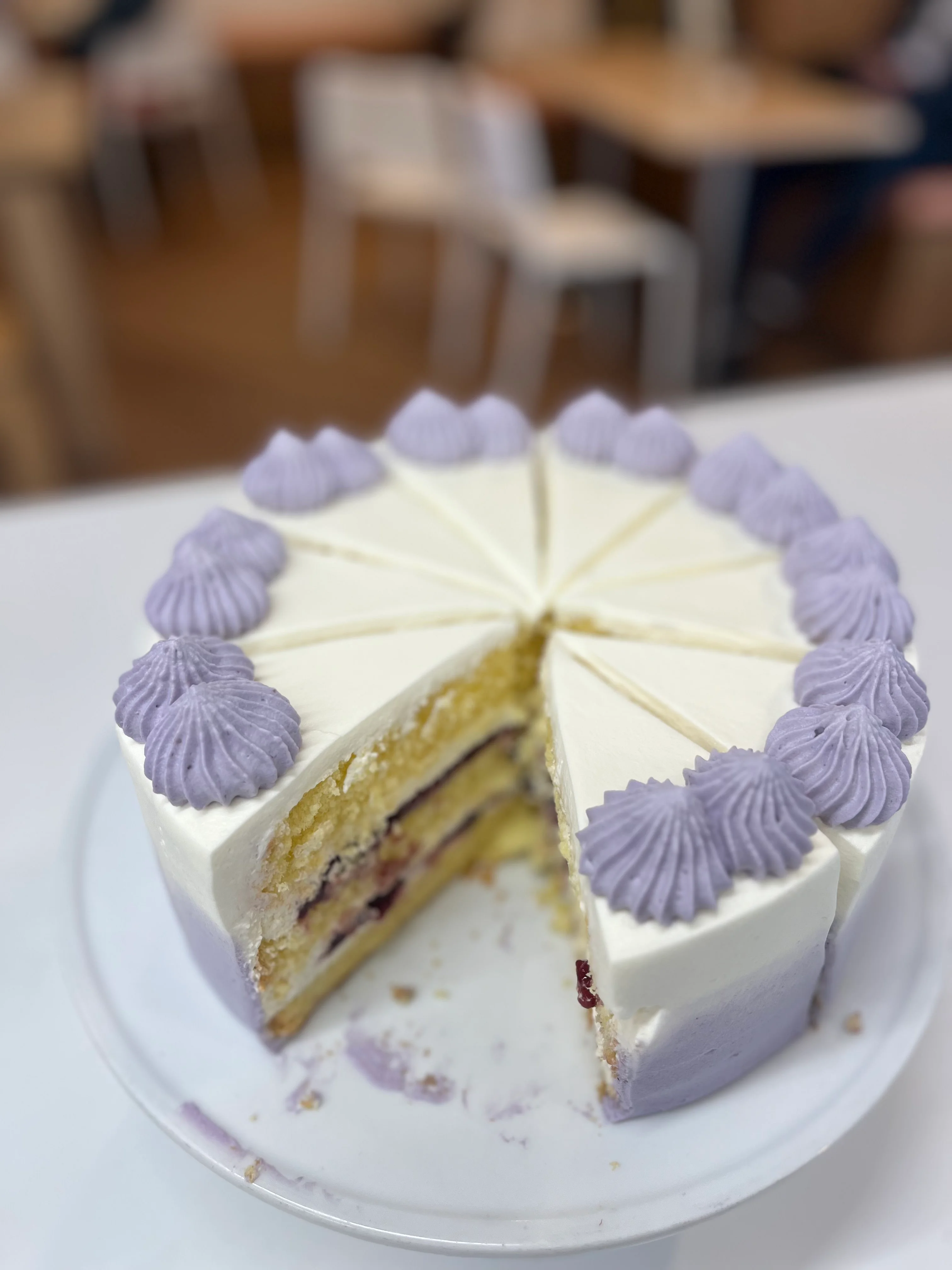 Lavender cake with cream frosting and berry filling