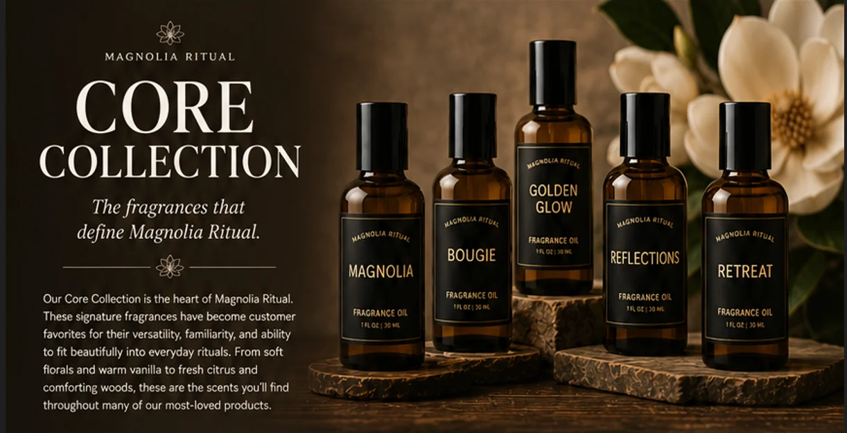 Magnolia Ritual Core Collection fragrance oils on display