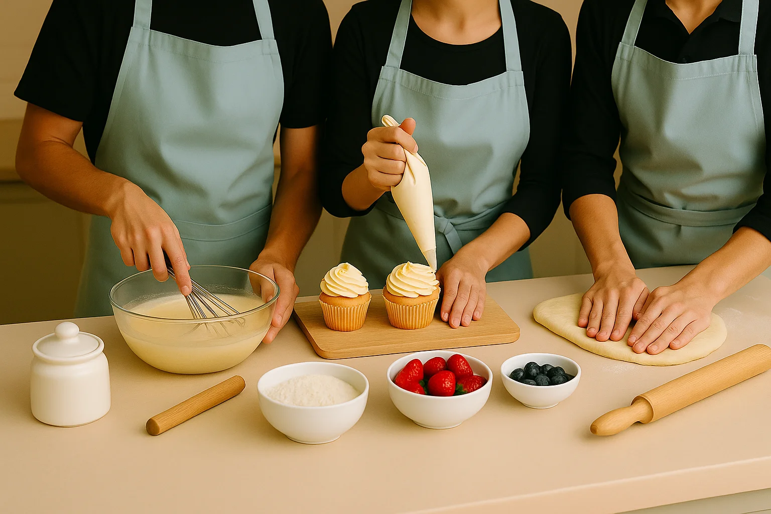 Baking cupcakes with frosting and fresh berries