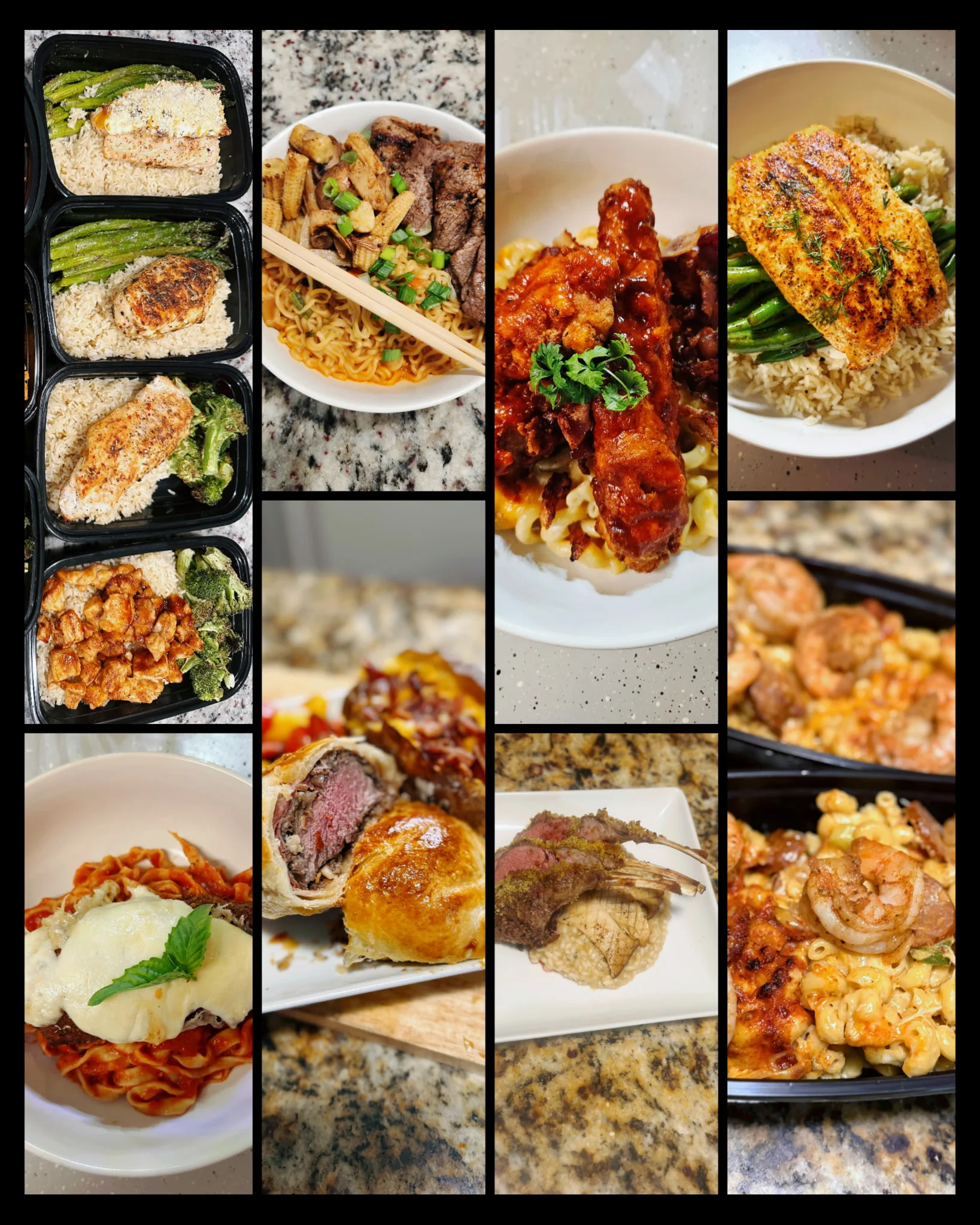 Assorted Asian-inspired dishes including chicken and noodles