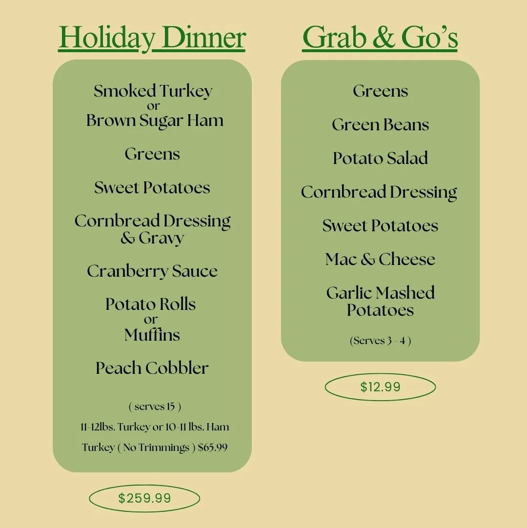 Holiday dinner menu featuring smoked turkey and cornbread dressing