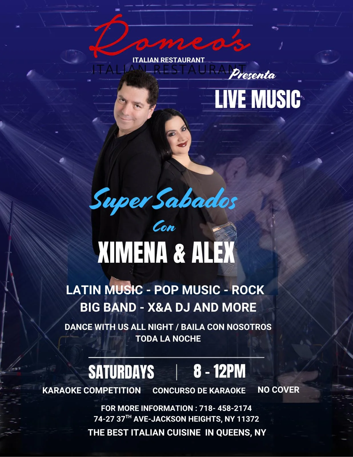 Live music event at Romeo's Italian Restaurant featuring Latin and pop music