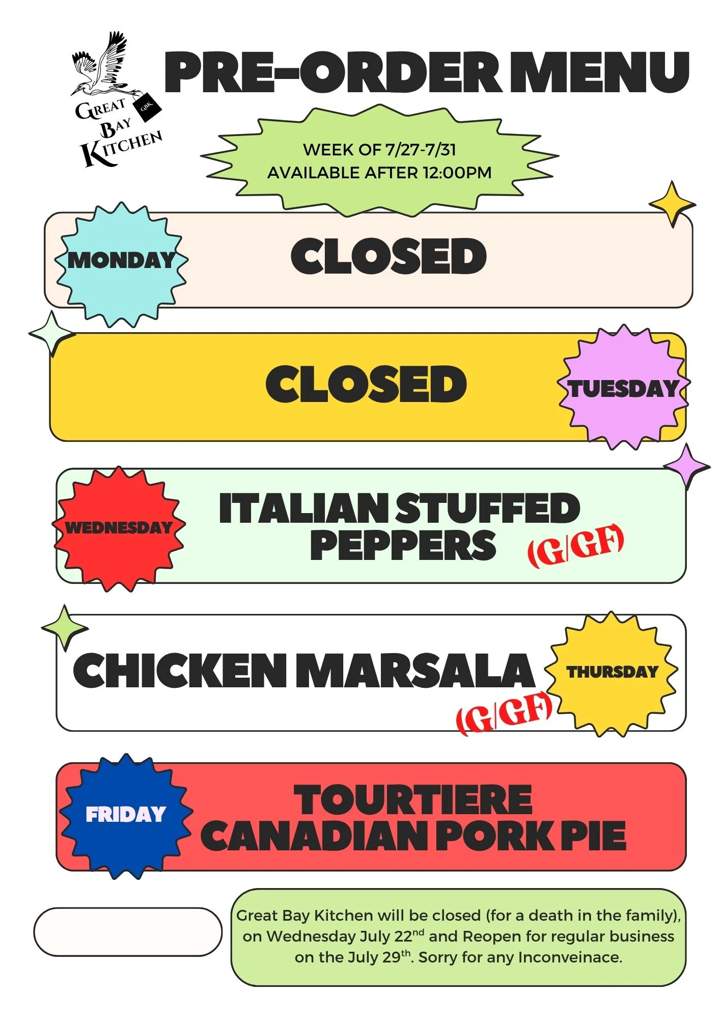 Weekly pre-order menu featuring diverse dishes