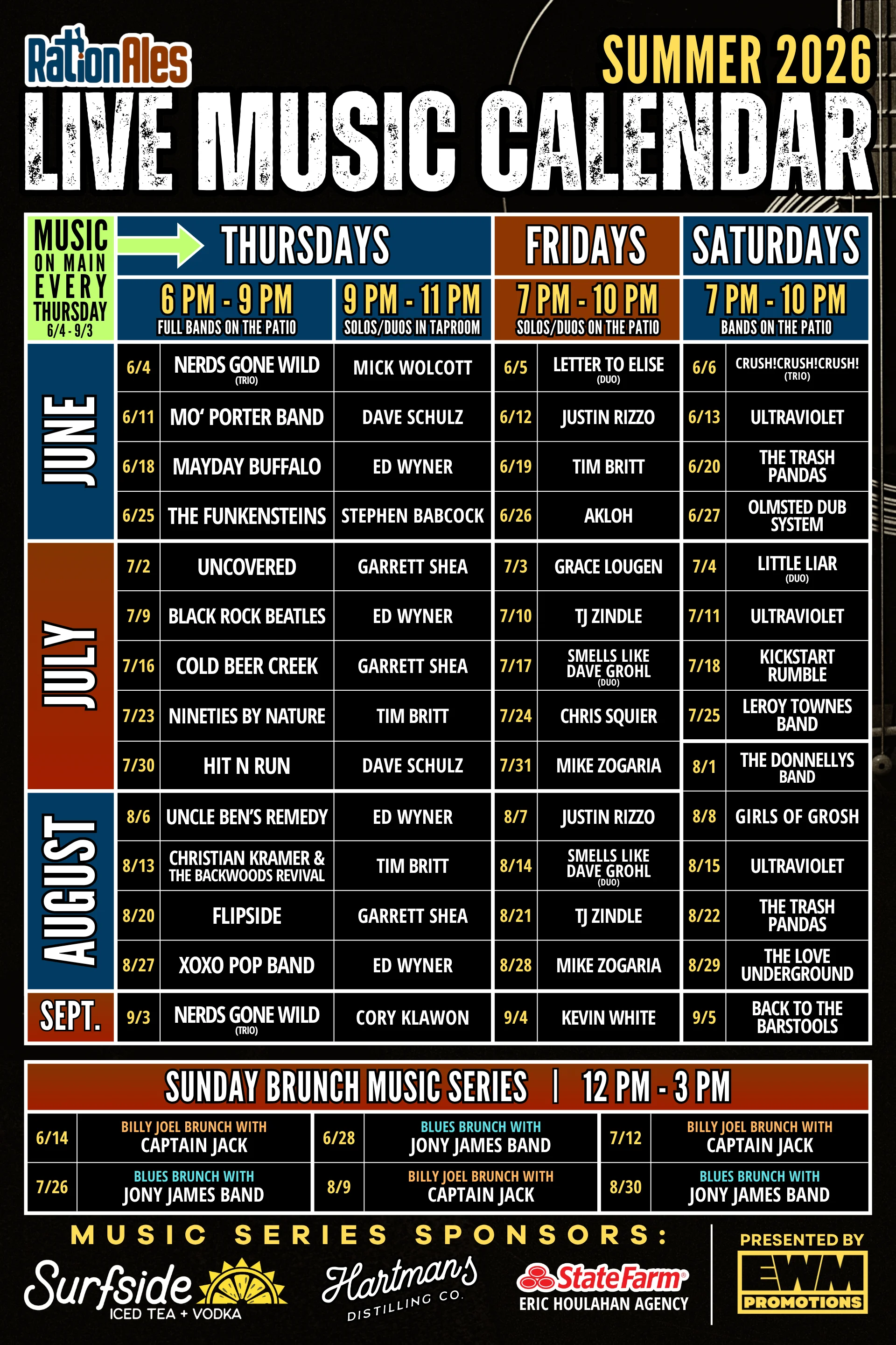 Live music calendar for April and May 2026 at the restaurant.